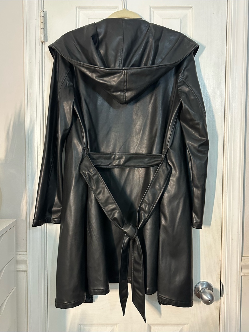 Zara Black Faux Leather Hooded Trench Coat with Belt.
